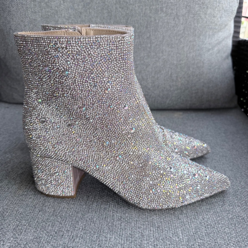 Betsey Johnson SB-Kyla Rhinestone Ankle Boots Silver Glass Stone Block Heel 8.5M